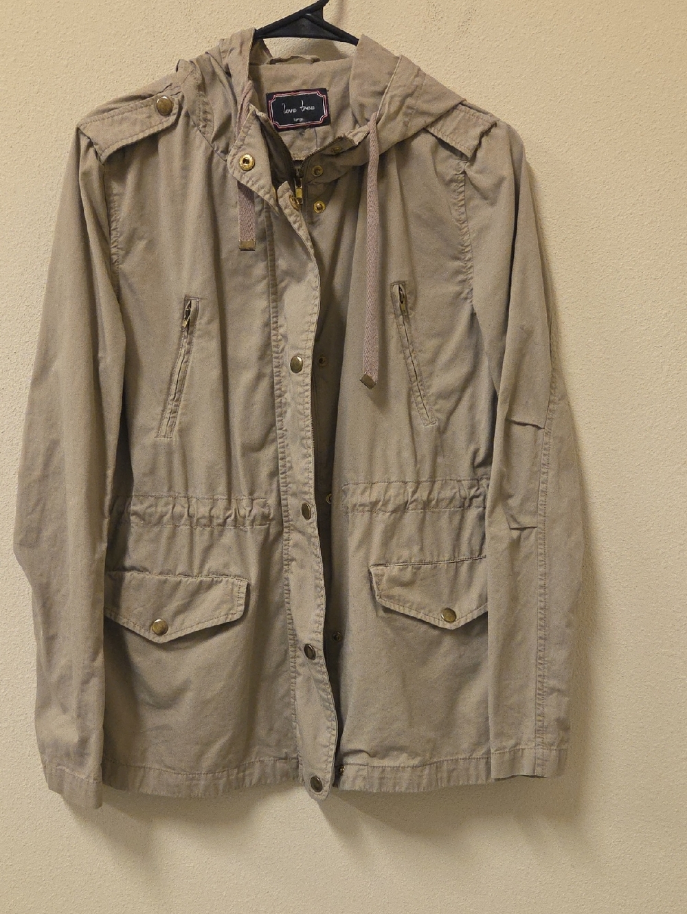 Love Tree Khaki Utility Hooded  Woman Jacket. Size Large.